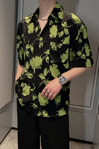 夏季韩版ins痞帅短袖印花衬衫男宽松垂感高级衬衣潮CS810-P55控75图片