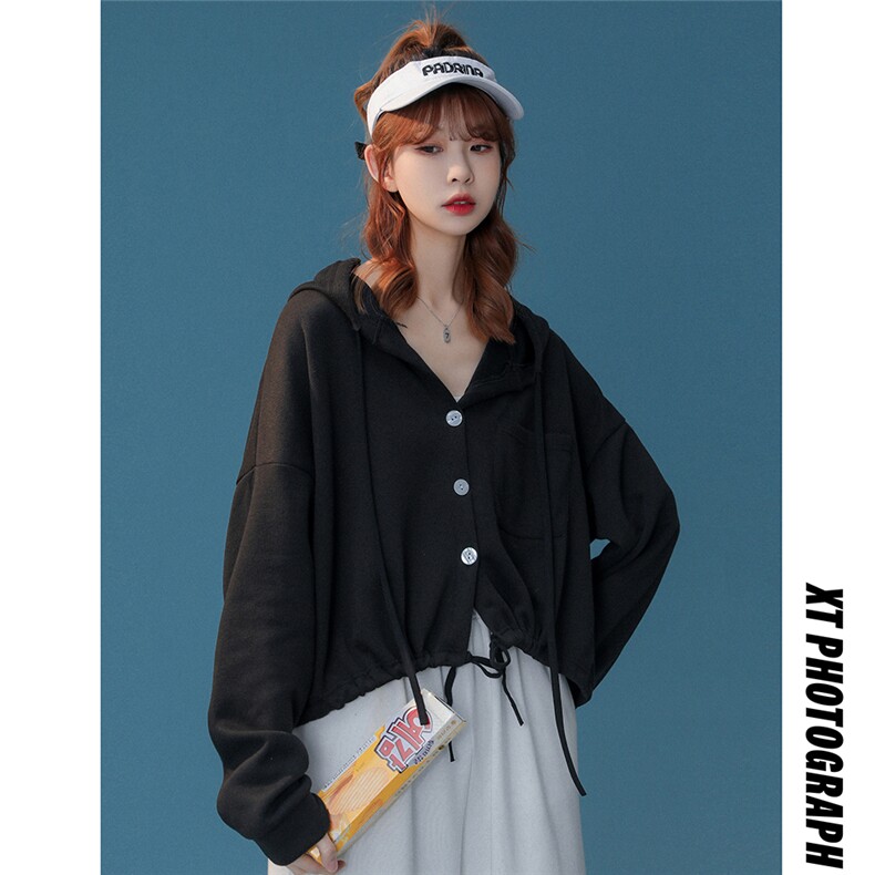中性春夏潮流短款宽松开衫抽绳卫衣外套P02P45控58,女装短外套,电商A268