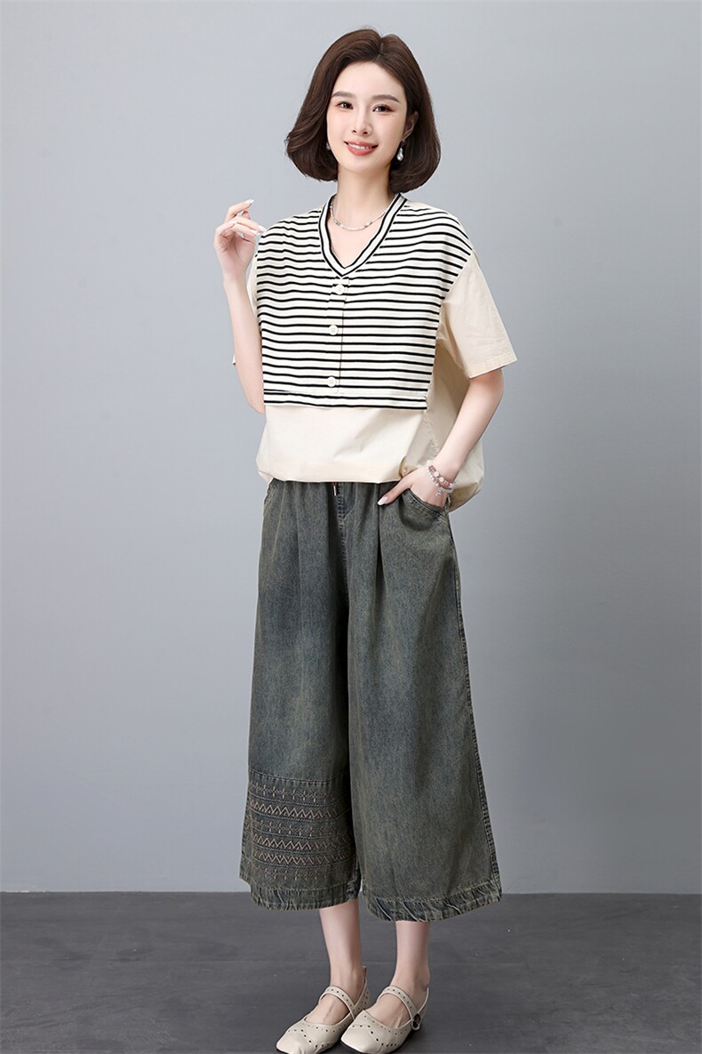 时尚条纹短袖上衣+阔腿裤套装显瘦百搭气质女装两件套,女装套装/套裙,叶笙衣