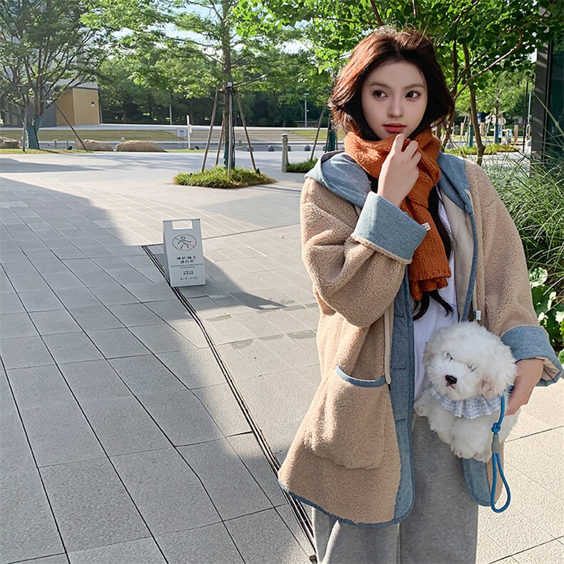撞色拼接连帽羊羔毛外套女2025冬季新款韩系学院风小个子加厚棉服，女装皮草，天使之佳话