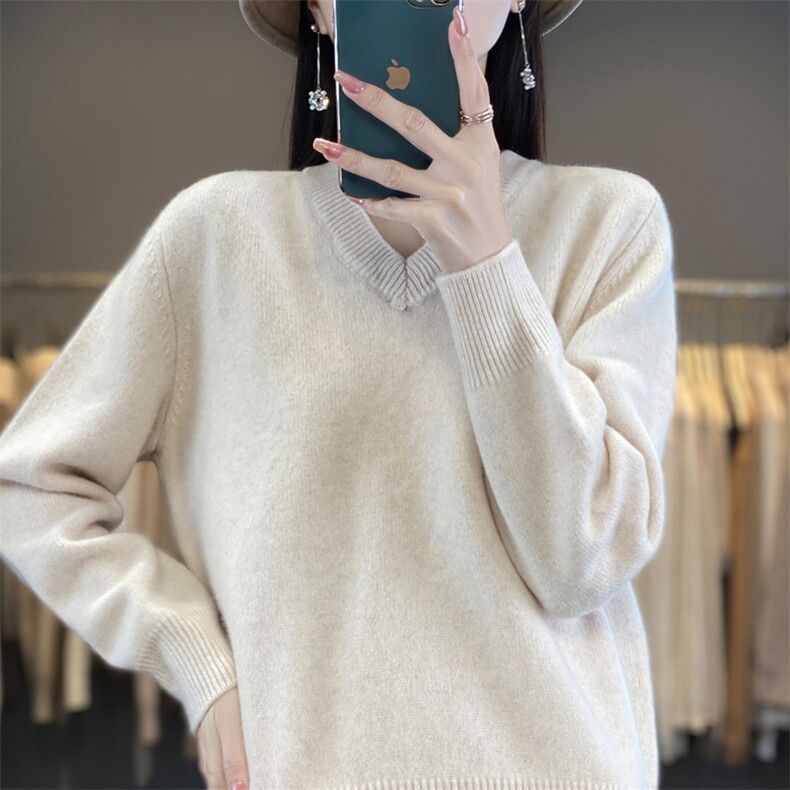 2024秋冬新款羊毛女士V领纯色羊毛衫,女装羊毛衫,润辉羊绒