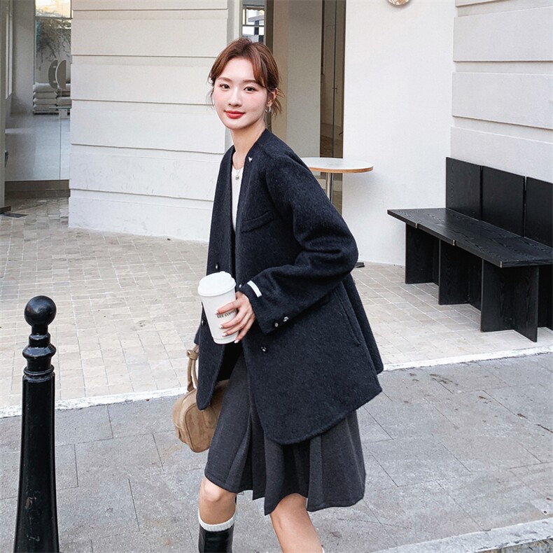韩系黑色收腰双面呢羊毛西装外套女秋冬2025新款气质高级感大衣,女装毛呢外套,2B187
