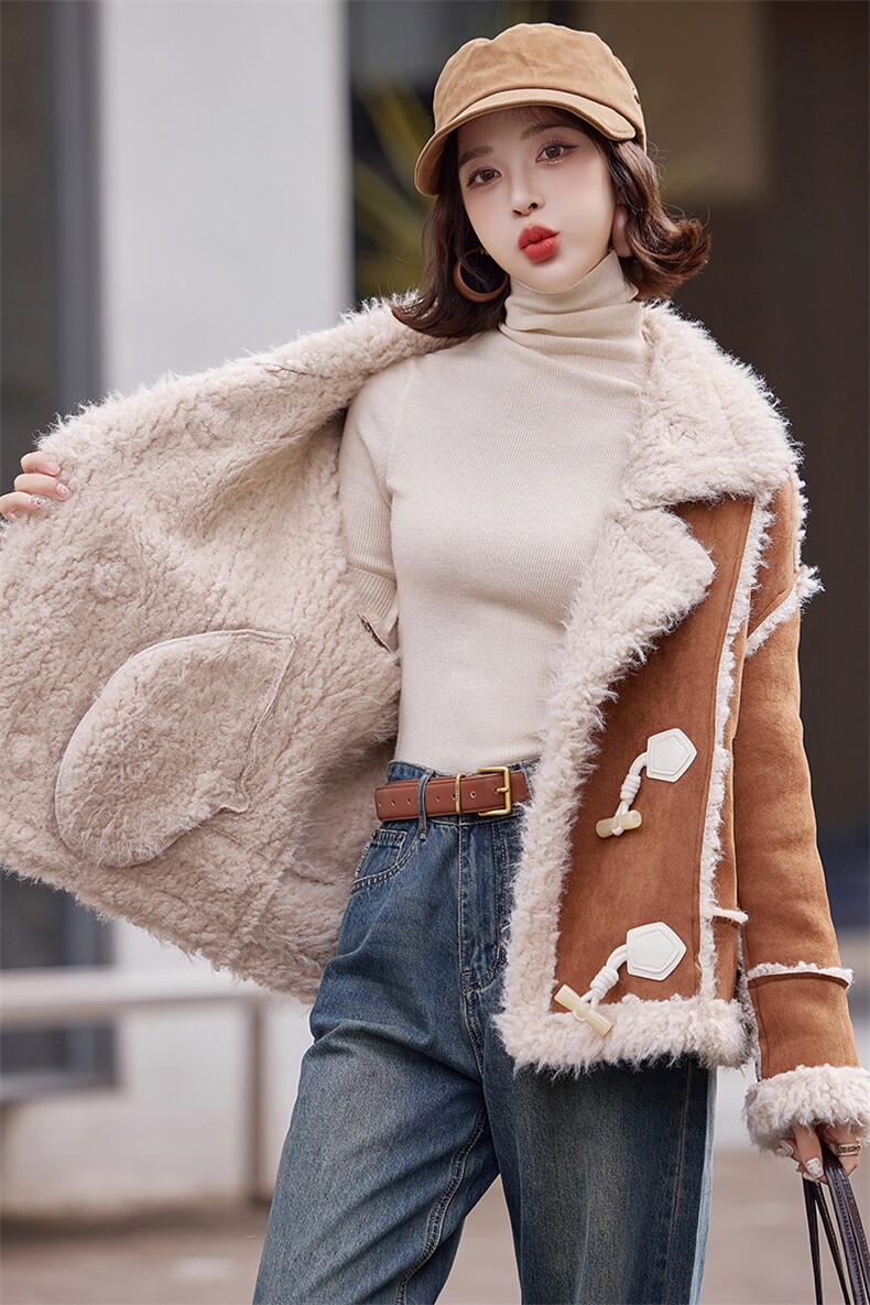 加绒皮毛一体羊羔毛外套女2024冬季新款小个子加厚保暖麂皮绒棉服,女装短外套,慧尚依恋