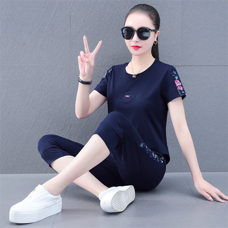 短袖纯棉运动套装女夏季2023新款广场舞跳舞中年妈妈休闲服两件套,女装运动套装,燕颉服饰