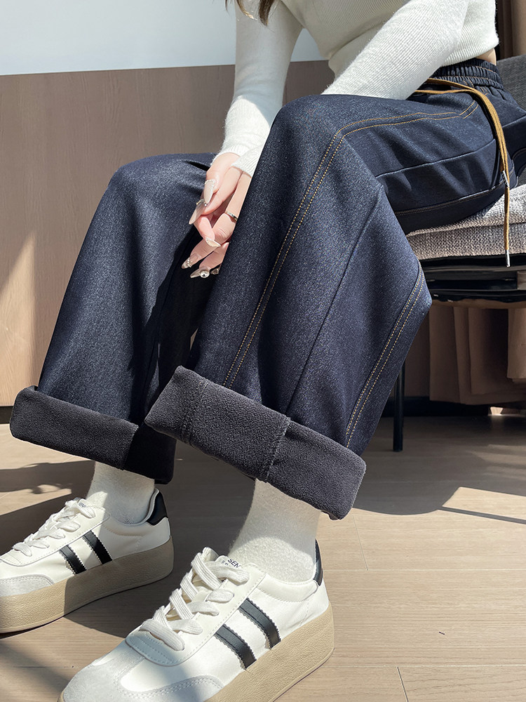 新款秋冬美式加绒蓝色阔腿宽松大码牛仔裤直筒香蕉拖地长裤,女装休闲裤,云美莎专业女裤-全店现货