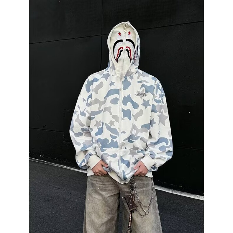 美式复古双帽迷彩连帽卫衣拉链开衫原创潮秋季男女外套Y8275，女装短外套，星座601-1