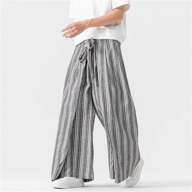 条纹棉麻休闲九分裤男裙裤加肥大码潮牌宽松直筒阔腿裤D536/P75，男装休闲裤，星座206-1