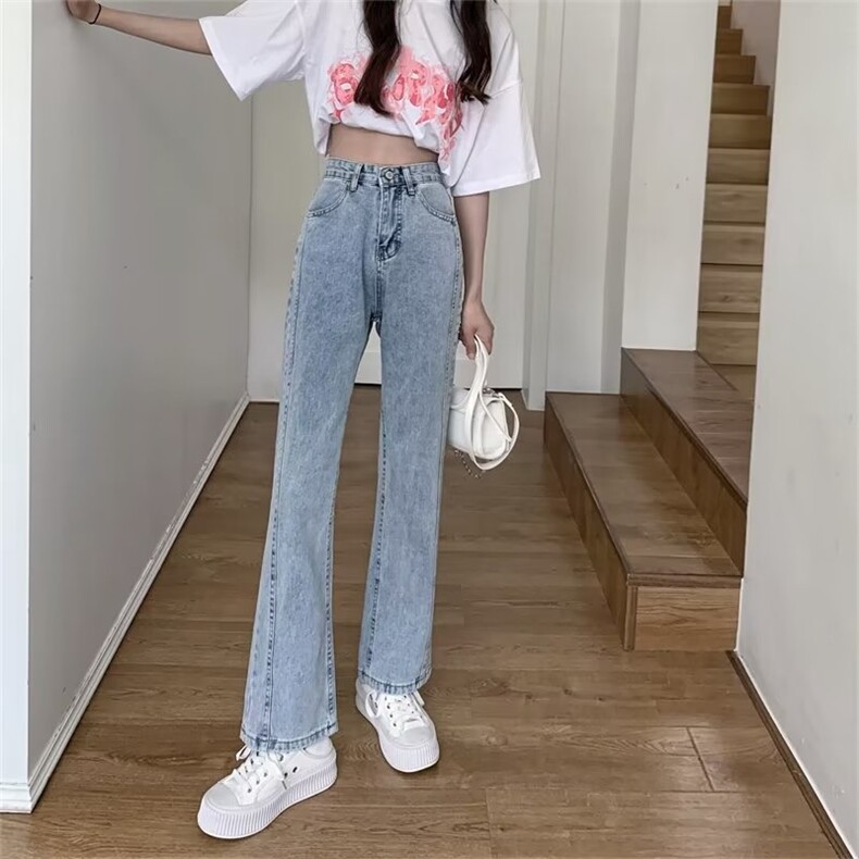 高腰微喇叭牛仔裤女春秋季高街潮大码设计感显瘦直筒裤子,女装牛仔裤,中性港风女装