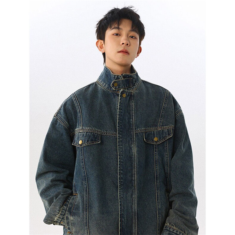 美式复古立领牛仔外套男秋季宽松男生短款百搭工装夹克JK1181-P88,男装工装外套,星座1103-3