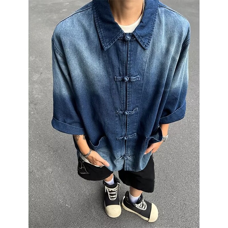 夏季新中式翻领牛仔衬衫男女宽松休闲复古衬衣工装外套潮,男装衬衫,星座410-7