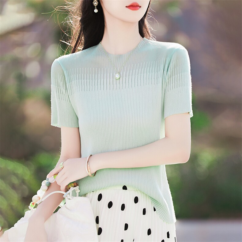 2025夏季新款薄款镂空半高领网纱蕾丝领短袖冰丝针织衫修身女上衣,针织衫/毛衣,鹿一羊绒