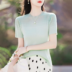2025夏季新款薄款镂空半高领网纱蕾丝领短袖冰丝针织衫修身女上衣，女装针织衫/毛衣，鹿一羊绒