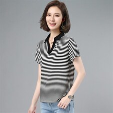 刺绣polo衫短袖t恤女士夏季2026年新款大码宽松翻领条纹半袖上衣，女装T恤，板酷