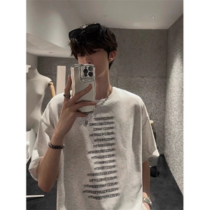 全棉常规纯色日常宽松型青少年落肩袖圆领ins潮牌印花短袖T恤图片
