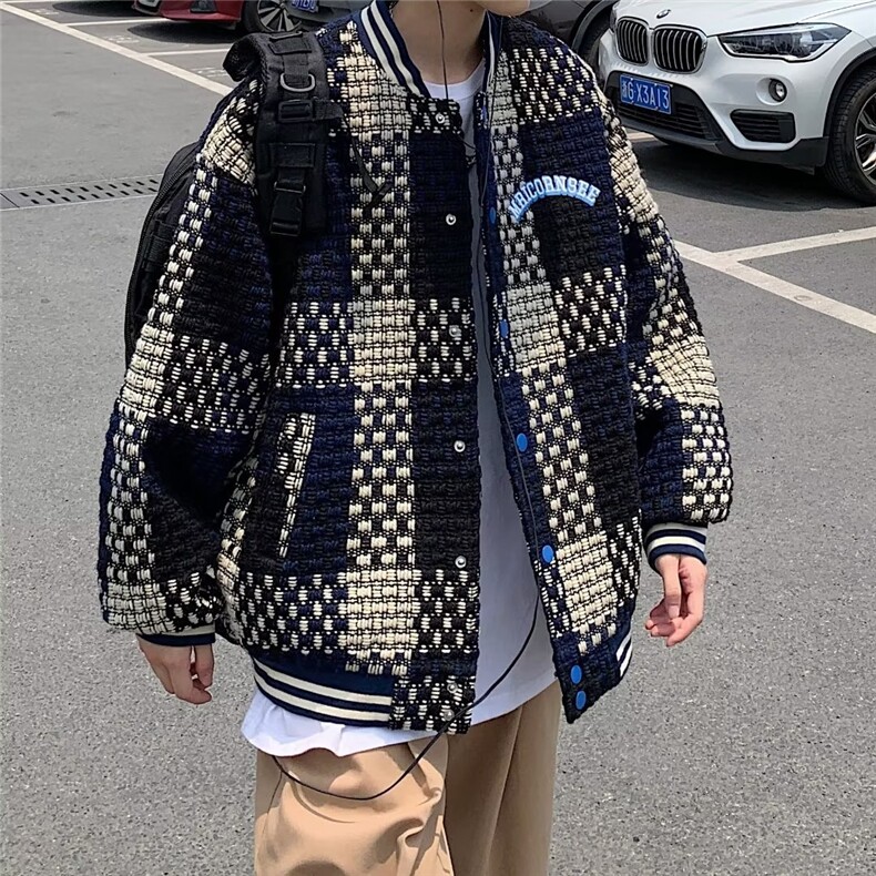复古美式针织格子棒球领棉服男女潮酷bf加厚情侣外套JK01P85,男装夹克,星座1116-2