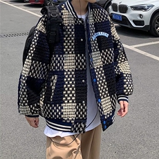复古美式针织格子棒球领棉服男女潮酷bf加厚情侣外套JK01P85，男装夹克，星座1116-2