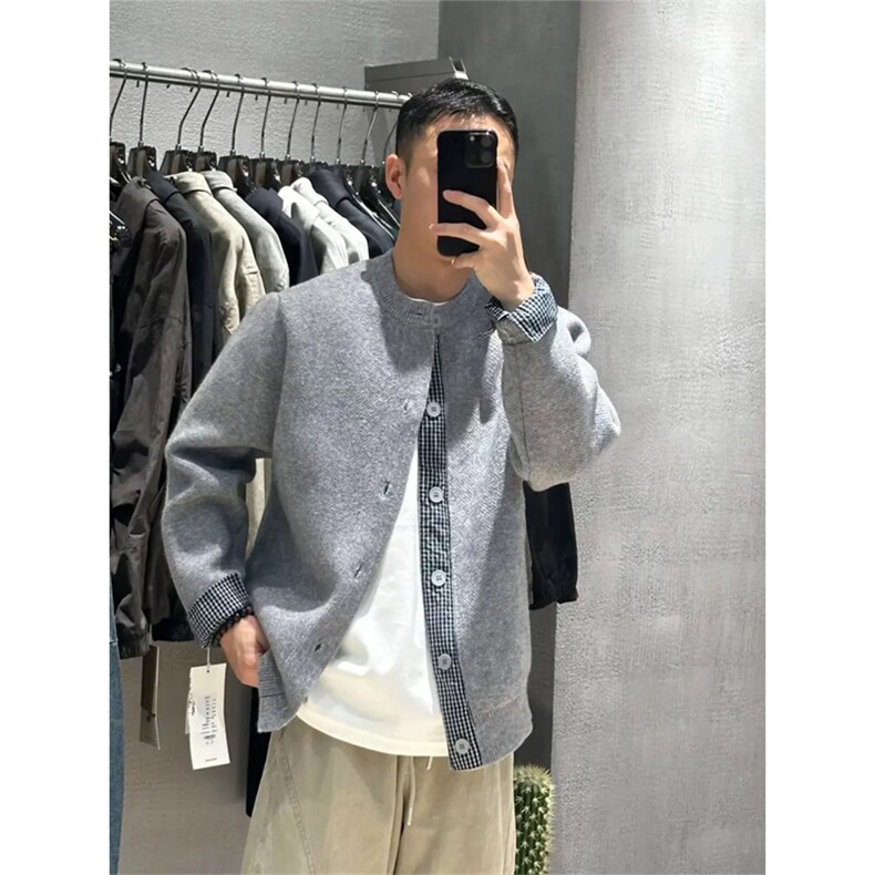 网图有货美式复古假两件针织格子开衫毛衣男女宽松外套A1076-P62,男装针织衫/毛衣,星座1505