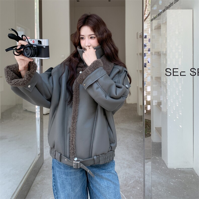 秋冬加厚女PU立领机车服羊羔毛仿皮毛一体环保皮草外套2025新款潮,女装短外套,2C278