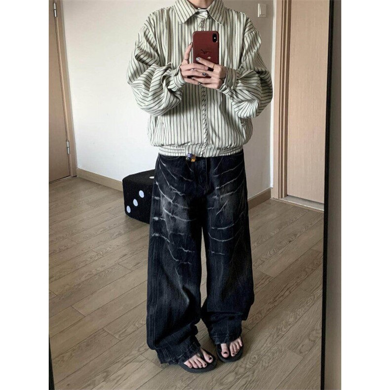 NZK229LL-P51美式复古闪电纹牛仔裤宽松直筒高级感痞帅阔腿裤,男装牛仔裤,星座1007（原301D）