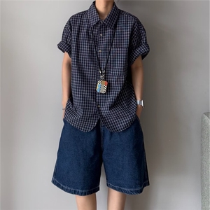 夏季新款日系复古蓝色格子短袖衬衫男女休闲宽松小众设计感衬衣潮图片