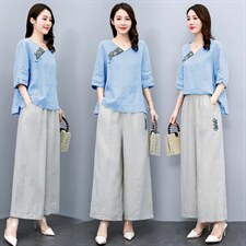 高端时尚棉麻阔腿裤套装女2024夏季新款复古刺绣民族风亚麻两件套，女装套装/套裙，凝聚力
