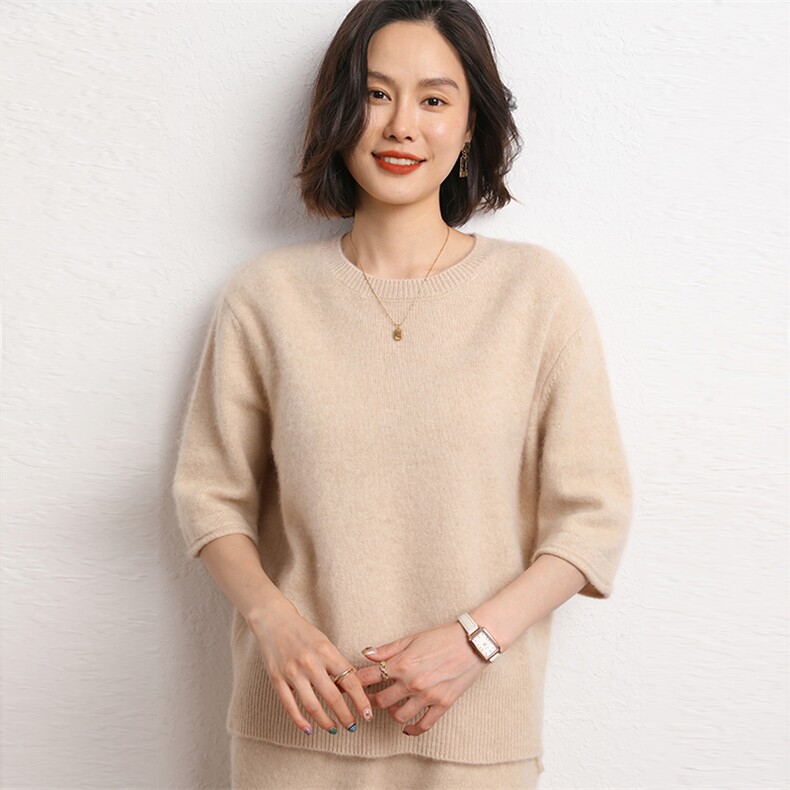 圆领羊绒衫女纯山羊绒五分袖加厚宽松毛衣针织慵懒打底衫,女装羊绒衫,五色羊羊绒