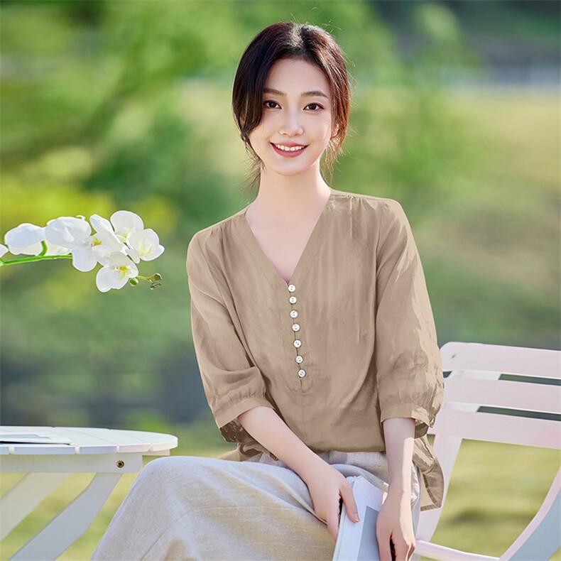 2026年夏季文艺风女短袖宽松亲肤透气，女装衬衫，江南依恋