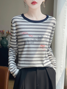 2025秋冬百搭时尚简约条纹印花针织衫，女装针织衫/毛衣，羊特美羊绒