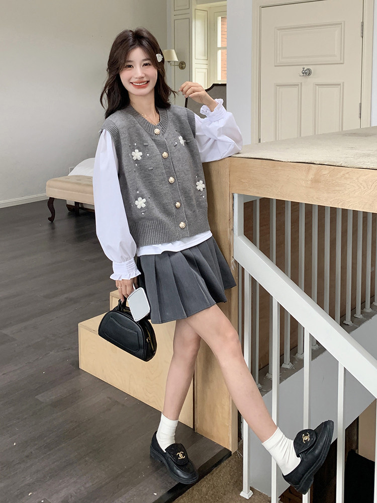法式复古小香风套装女2025春秋季新款花朵针织马甲白色衬衫两件套,女装马甲,维壹