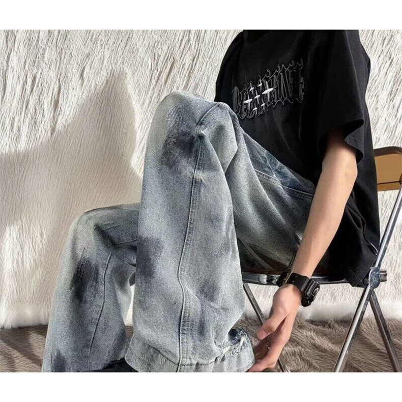 复古擦脏设计做旧直筒牛仔裤男女高街显瘦破洞毛边阔腿垂坠感裤子,男装牛仔裤,星座506A