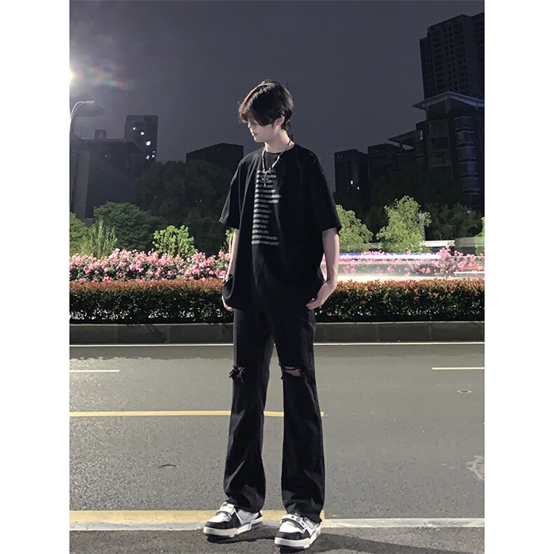 B221美式ins高街简约小众设计毛边破洞牛仔裤LK23067-P60控78,男装牛仔裤,电商B221