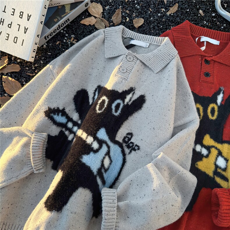 W621-P60猫咪提花polo领毛衣秋冬季宽松休闲软糯慵懒针织衫潮流，男装针织衫/毛衣，星座911-1