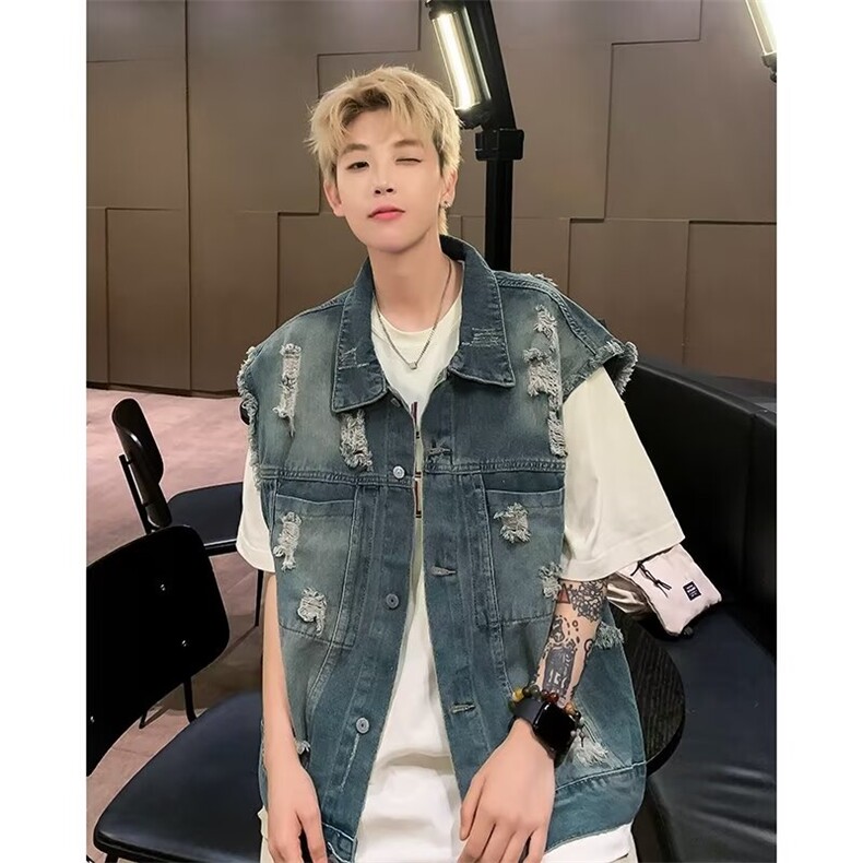 设计感牛仔马甲外套做旧无袖坎肩背心马夹,男装背心/马甲,星座410-7