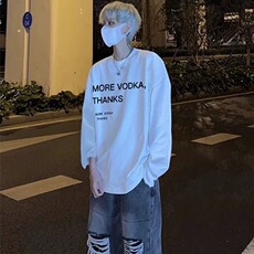 字母印花长袖T恤男秋季美式街头高街复古白色打底衫青少年上衣服，男装T恤，星座506A