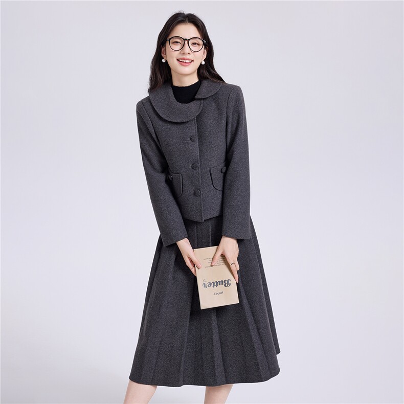 2025秋冬新款学院风气质短款小外套+百褶裙加厚毛呢两件套女，女装套装/套裙，苗苗