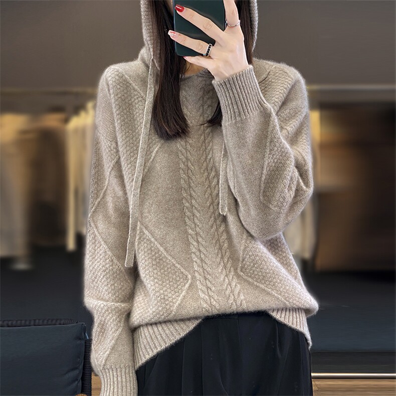 2025重磅秋冬加厚长袖针织衫连帽毛衣女宽松休闲帽衫百搭休闲上衣,女装羊毛衫,隆格羊绒