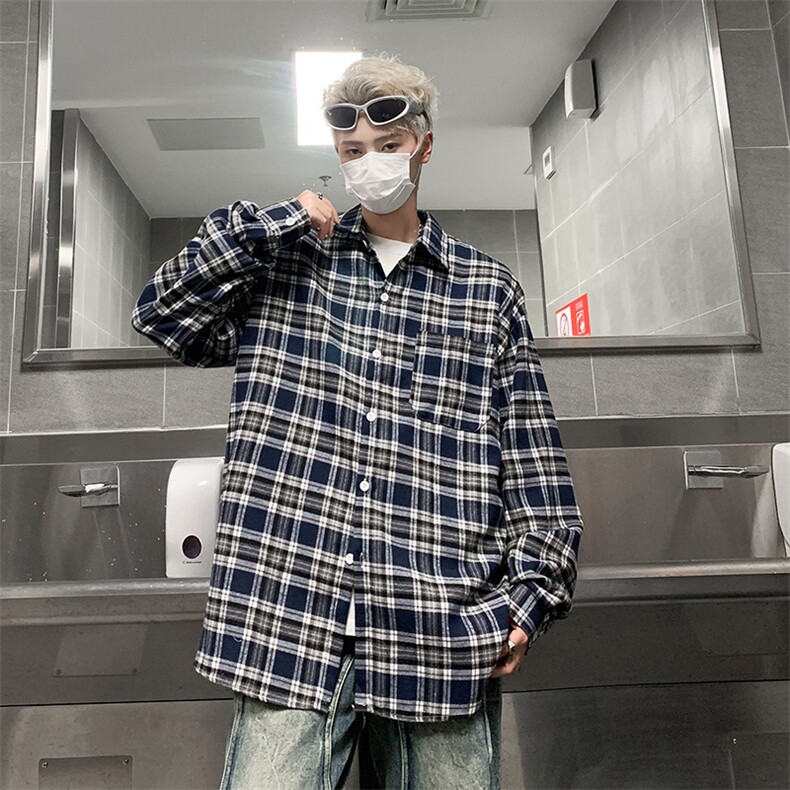 美式复古长袖衬衫男女秋季宽松格子衬衣设计休闲外套上衣潮,男装衬衫,星座410-7
