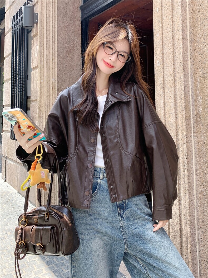 时髦复古时尚休闲皮衣外套女2025年秋季新款韩系宽松气质显瘦夹克,女装皮衣,蝶眷