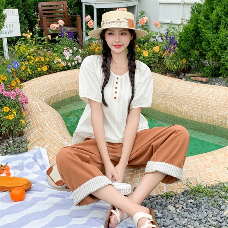 休闲减龄松弛感穿搭南瓜色套装女夏2025多巴胺好看短袖裤子两件套,女装套装/套裙,2C131