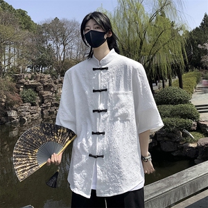 新中式风短袖衬衫男夏季新款盘扣中山装高级感宽松衬衣外套图片