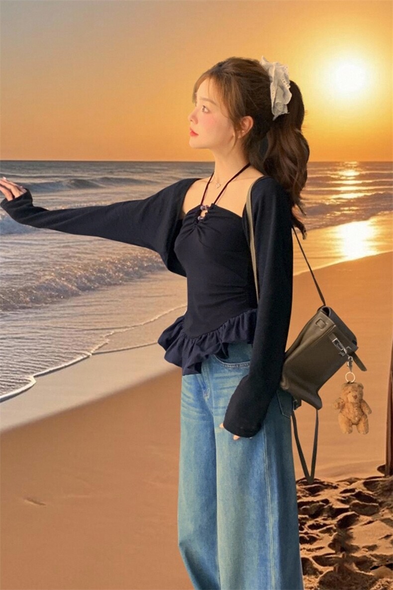 纯欲性感辣妹挂脖抹胸吊带防晒开衫女2025春夏新款,女装背心吊带,1D091-1
