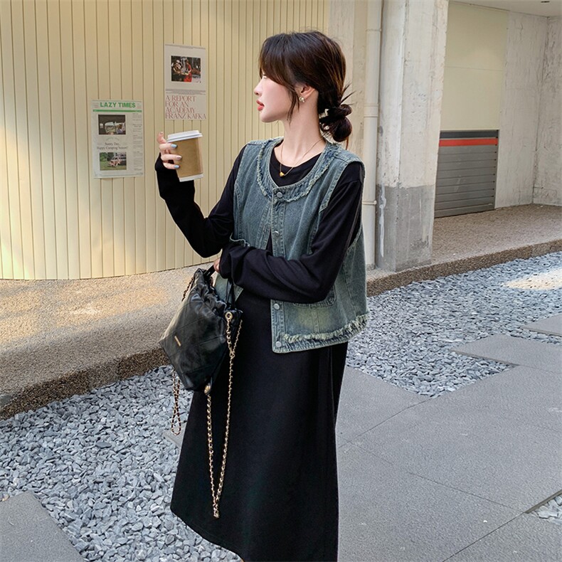 设计感黑色连衣裙马甲套装女2025年春秋季新款韩版显瘦长裙两件套,女装套装/套裙,2C262