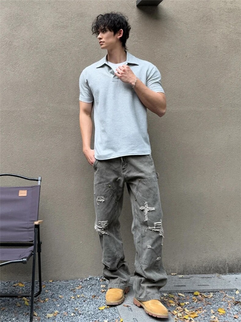 美式假两件polo衫短袖男款夏季重磅短宽版型t恤翻领运动健身半截,男装T恤,电商B212（原钱塘6029）