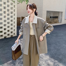 撞色拼接PU皮风衣外套女2025年秋季新款设计感休闲小个子翻领大衣，女装风衣，2C058