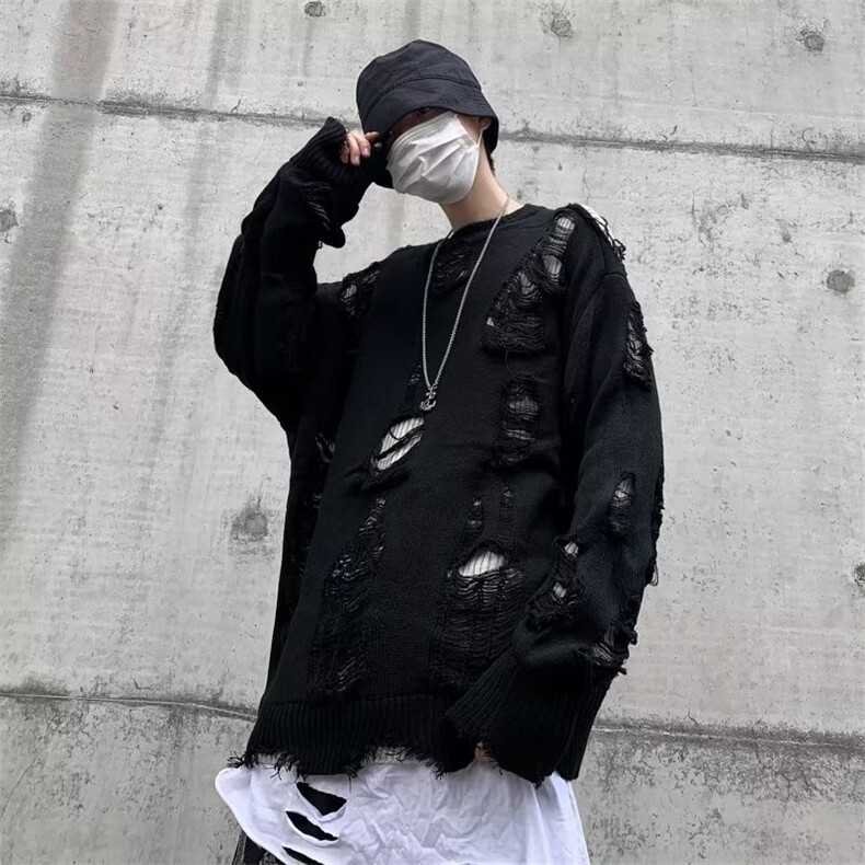 新款美式复古破洞双面穿假两件毛衣慵懒宽松男女针织衫潮M745-P58图片