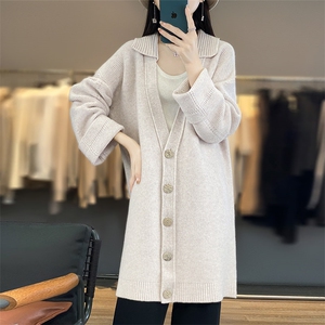 中长款100%纯羊毛开衫女24秋冬翻领加厚宽松毛衣慵懒羊绒针织外套图片