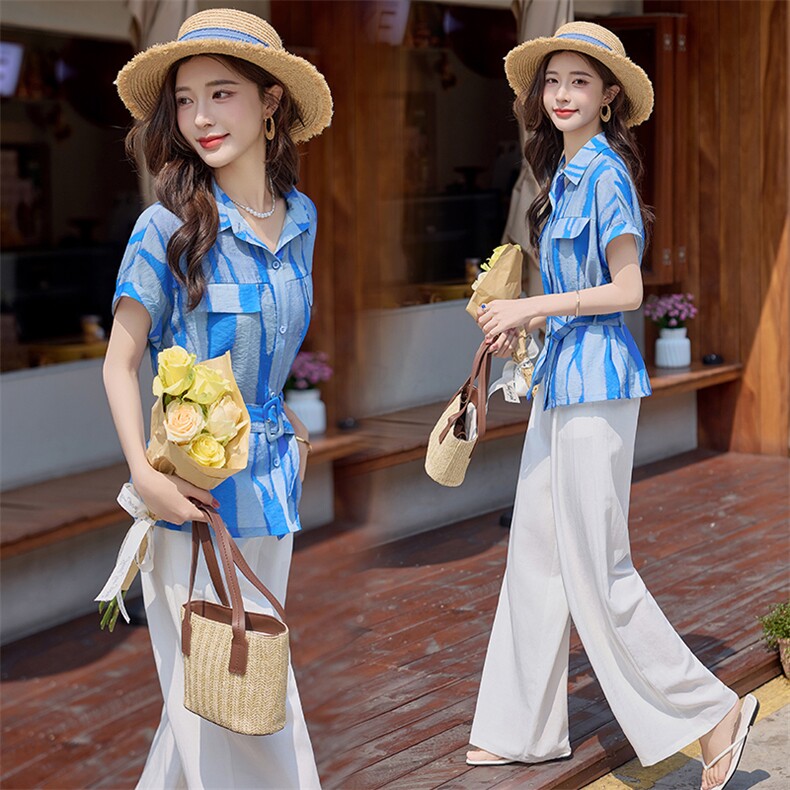 时尚条纹短袖衬衣职业套装女2025夏季气质修身女神范阔腿裤两件套，女装套装/套裙，难舍钰依