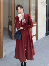 丝巾收腰红色连衣裙女春秋2025新款法式气质优雅超火独特漂亮裙子，女装连衣裙，霓裳依族