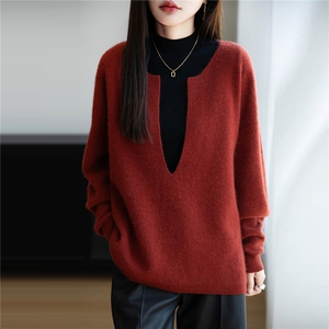 法式设计感酒红灰色v领纯羊毛针织毛衣女25新款宽松保暖长袖上衣图片
