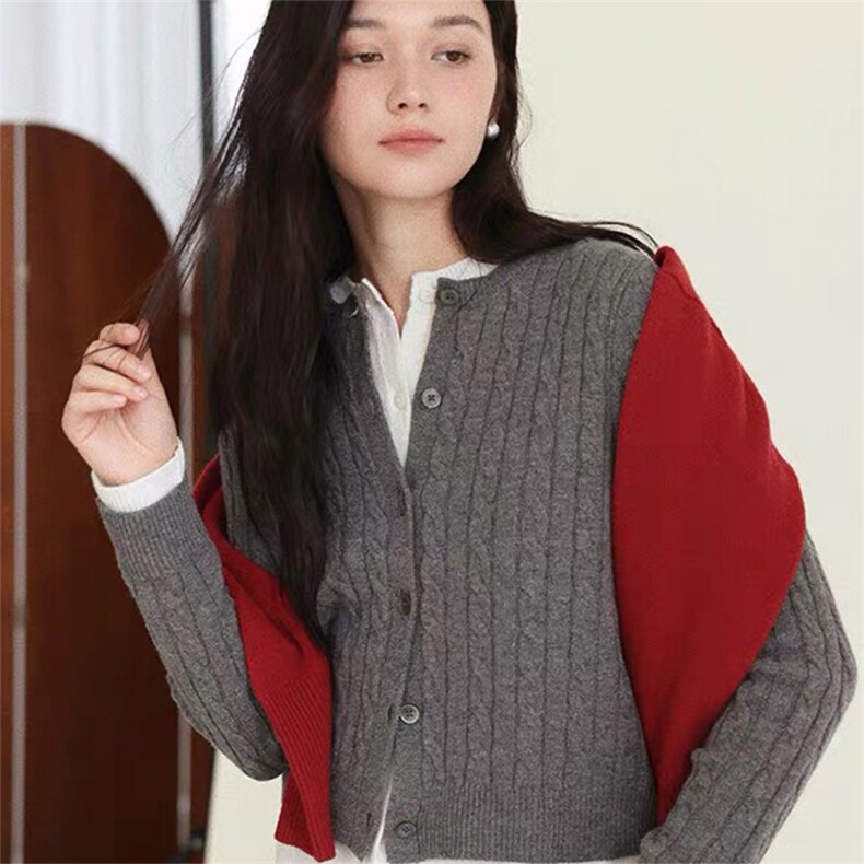 韩版宽松显瘦假两件设计感羊毛针织开衫女,女装羊毛衫,泰沅羊绒